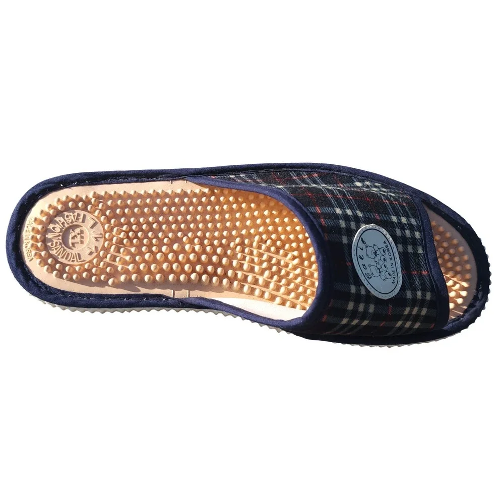 Calif Navy Blue Plaid Acupressure Massage Slide Sandals Made in Korea Size XL